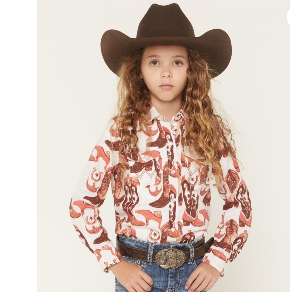Girls  Wrangler Cowgirl Boot and Hat Print Button Snap Shirt